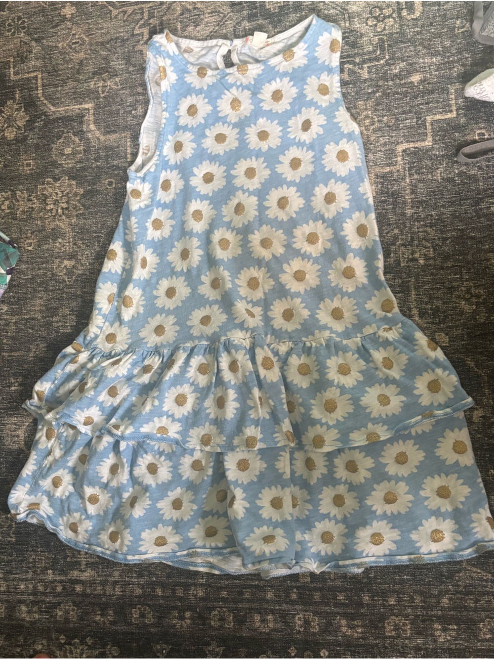 Crewcuts Blue Daisy Tiered Cotton Dress.